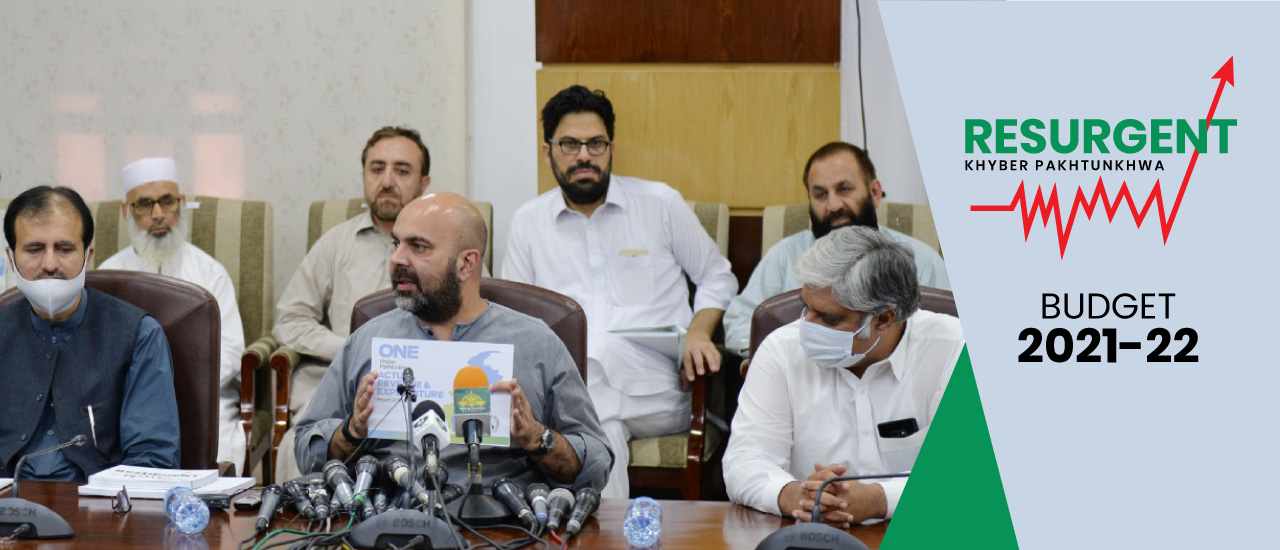 Provincial Minister for Finance Taimur Saleem Khan Jhagra addressing the Post Budget 2021-22 Press Conference